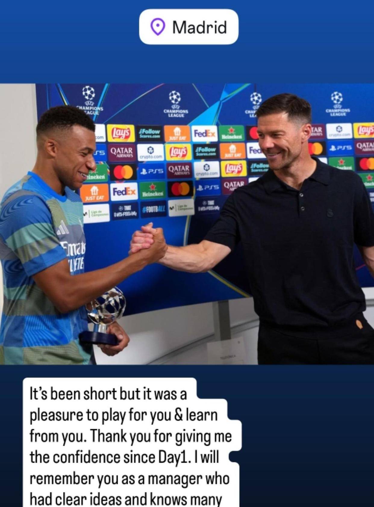 一觉醒来，皇马换主教练了！姆巴佩恭贺阿隆索：为您效力倍感荣幸